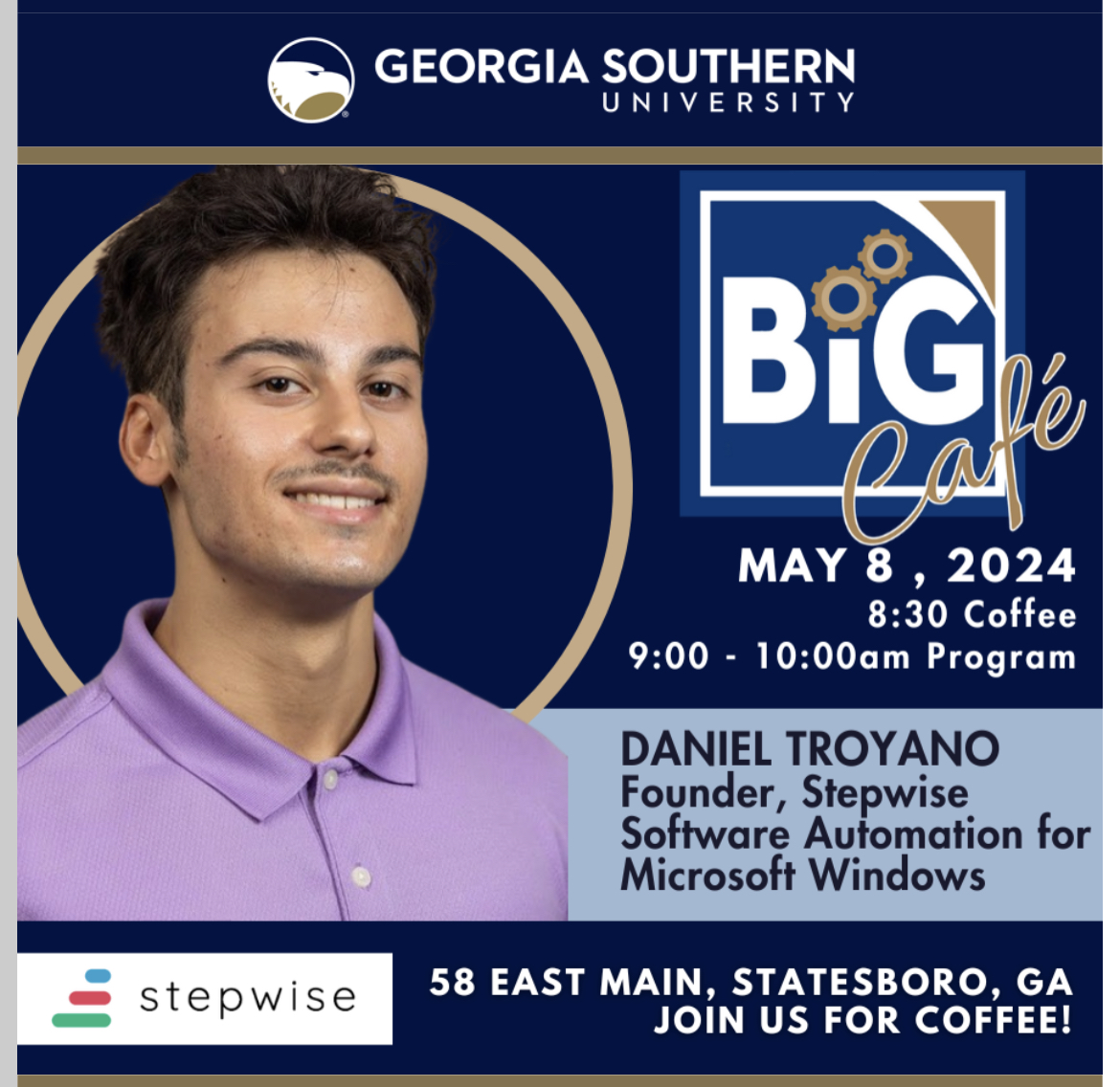 BIG Cafe event poster featuring Stepwise founder Daniel Troyano